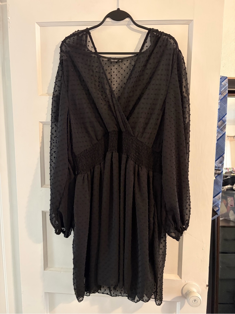 SHEIN Black Swiss Dot V-Neck Long Sleeve Dress